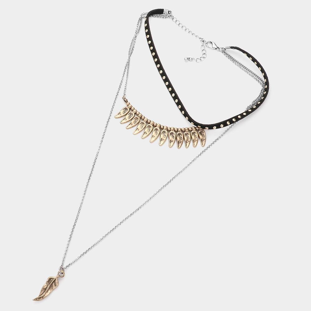 Silver Metal Feather Pendant Triple Layered Necklace - Jewelry Store by Erik Rayo