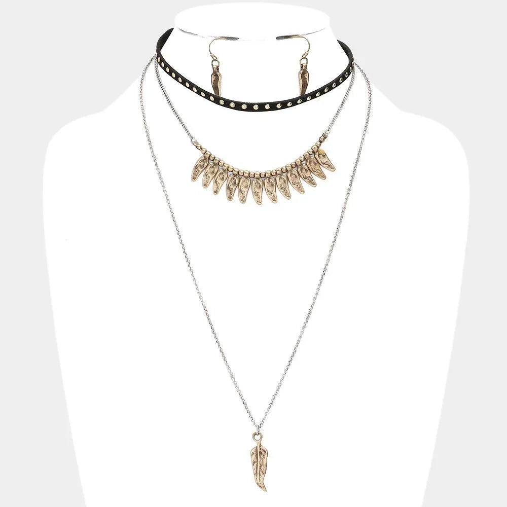 Silver Metal Feather Pendant Triple Layered Necklace - Jewelry Store by Erik Rayo