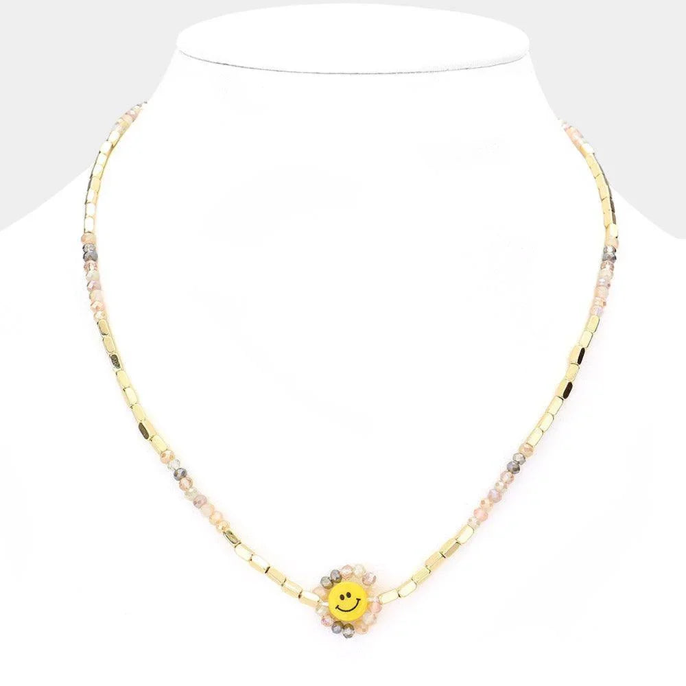 Faceted Bead Trimmed Smile Accented Necklace