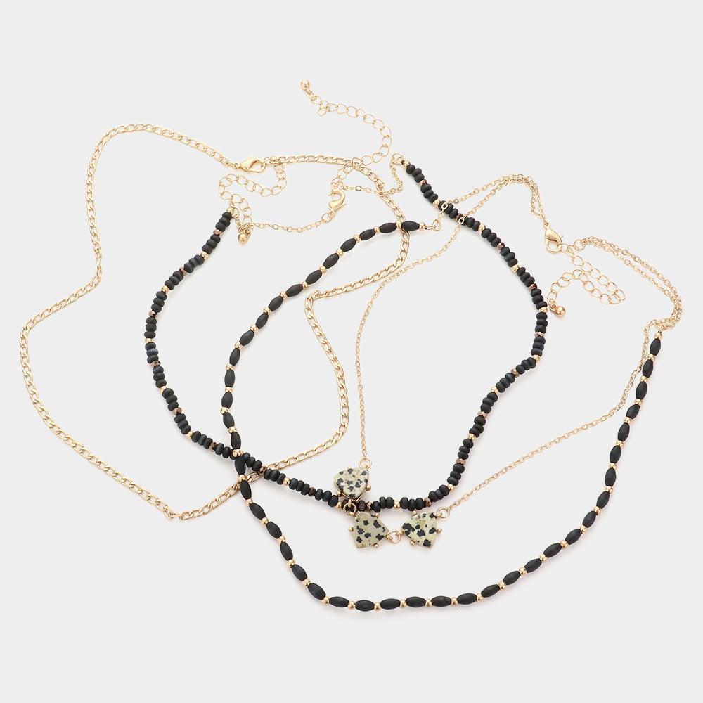 Black 3PCS - Semi Precious Accented Wood Beaded Necklaces - Jewelry Store by Erik Rayo