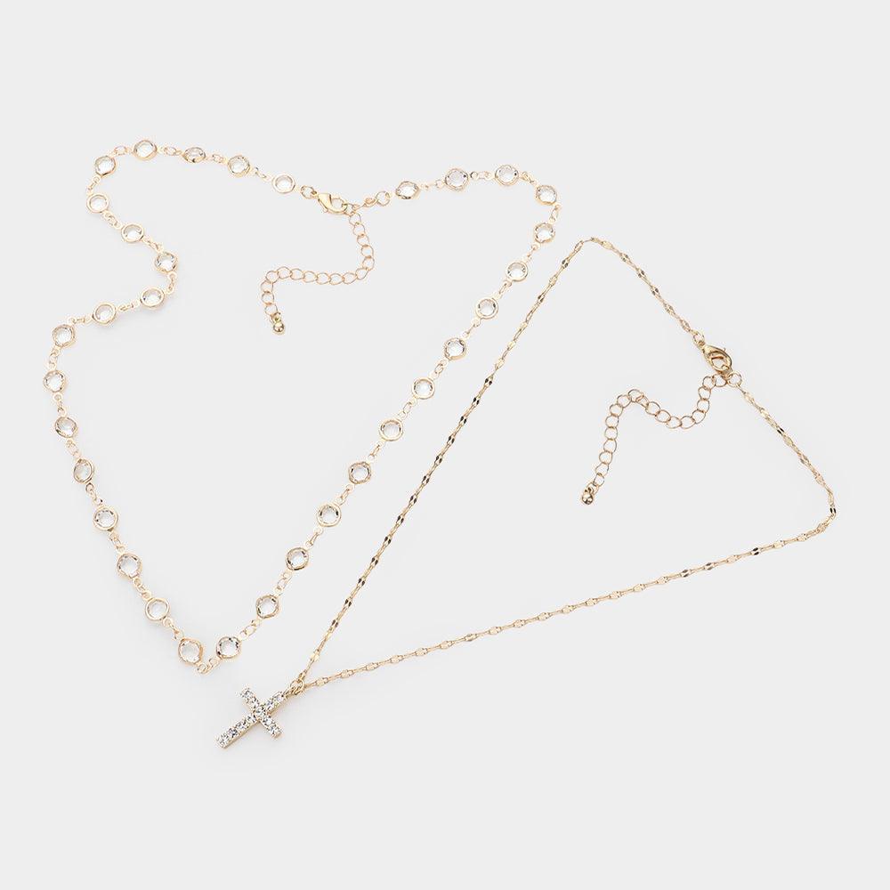 Gold 2PCS - Stone Paved Cross Pendant Clear Bezel Link Necklace - Jewelry Store by Erik Rayo