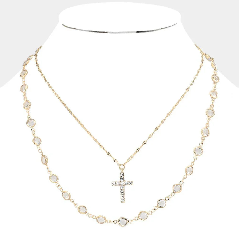 Gold 2PCS - Stone Paved Cross Pendant Clear Bezel Link Necklace - Jewelry Store by Erik Rayo