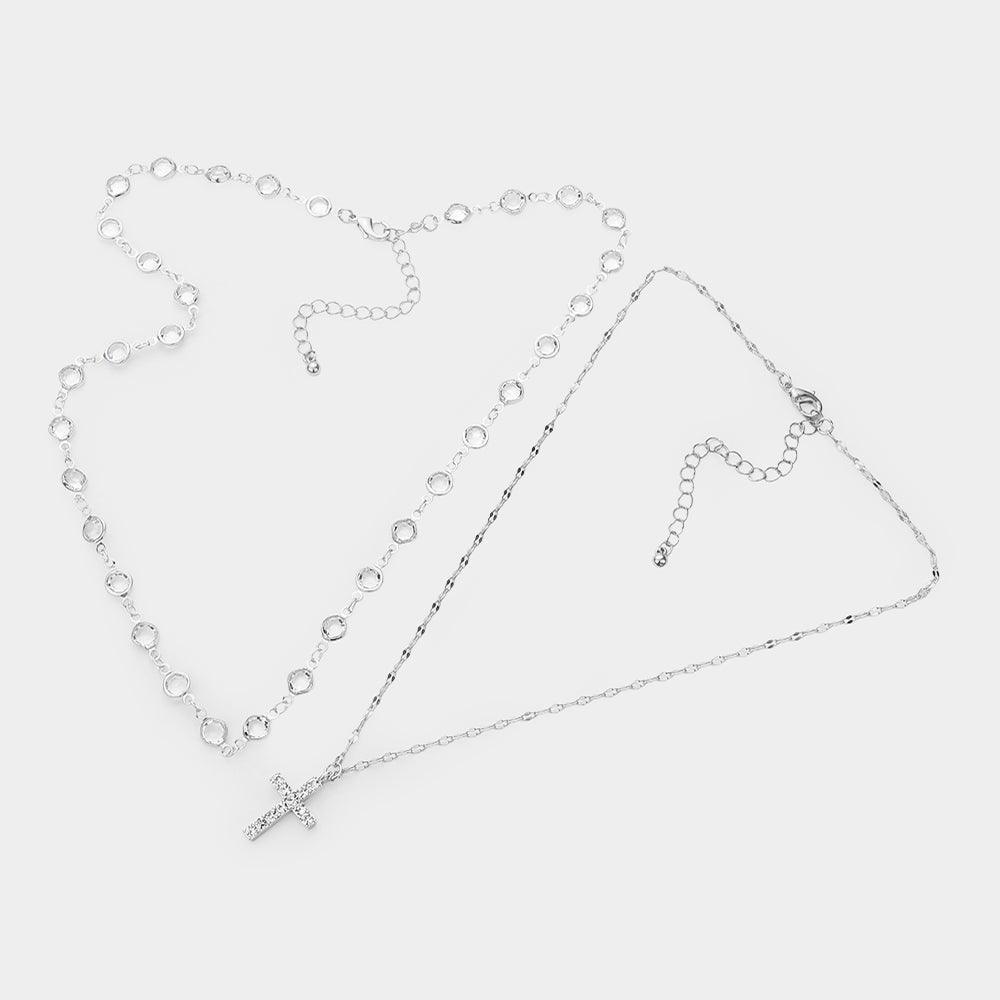 2PCS - Stone Paved Cross Pendant Clear Bezel Link Necklace - Jewelry Store by Erik Rayo