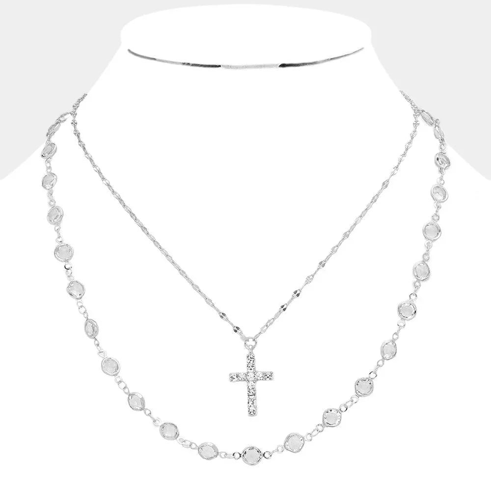 2PCS - Stone Paved Cross Pendant Clear Bezel Link Necklace - Jewelry Store by Erik Rayo