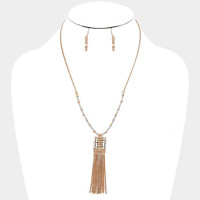 Silver Beaded metal chain fringe necklace