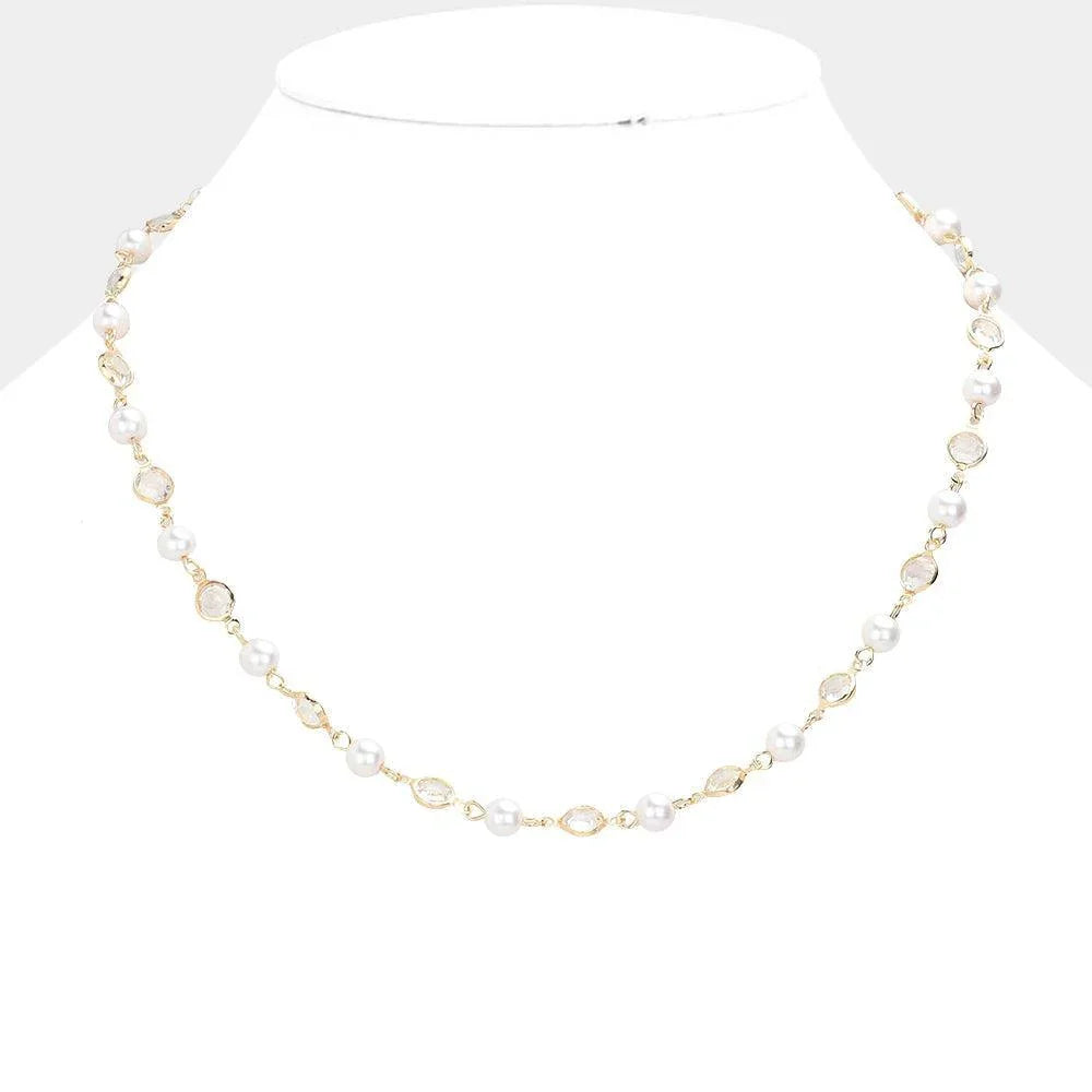 Cream Pearl Clear Bezel Station Necklace - Jewelry Store by Erik Rayo
