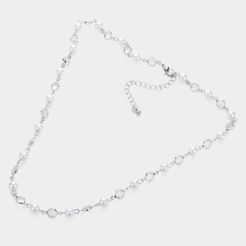 White Pearl Clear Bezel Station Necklace - Jewelry Store by Erik Rayo