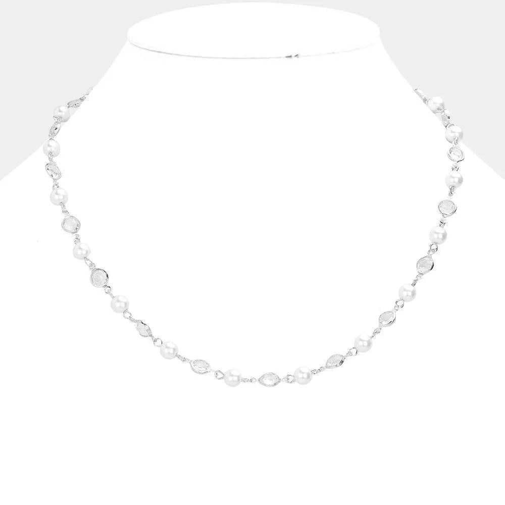 White Pearl Clear Bezel Station Necklace - Jewelry Store by Erik Rayo