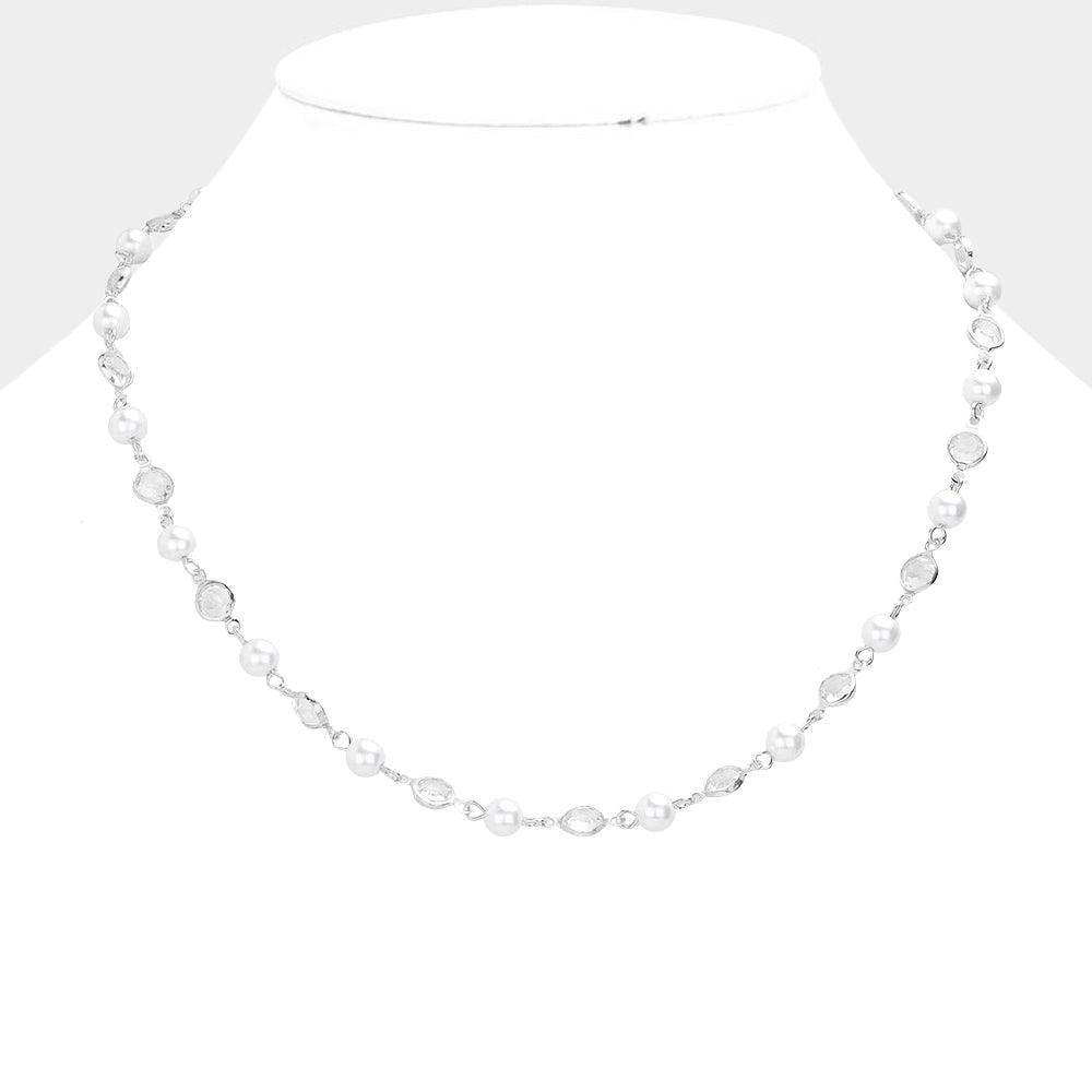 White Pearl Clear Bezel Station Necklace