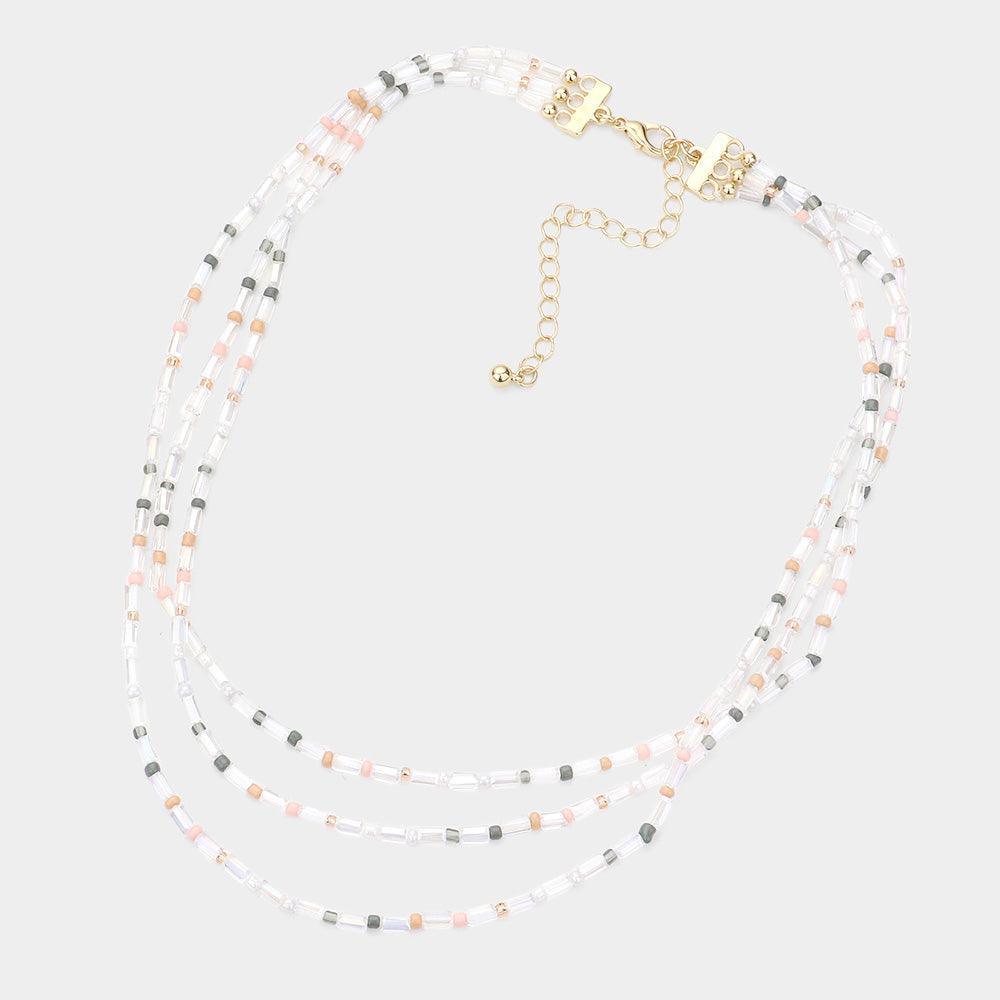 Rectangle Lucite Colorful Seed Beaded Triple Layered Bib Necklace - Jewelry Store by Erik Rayo