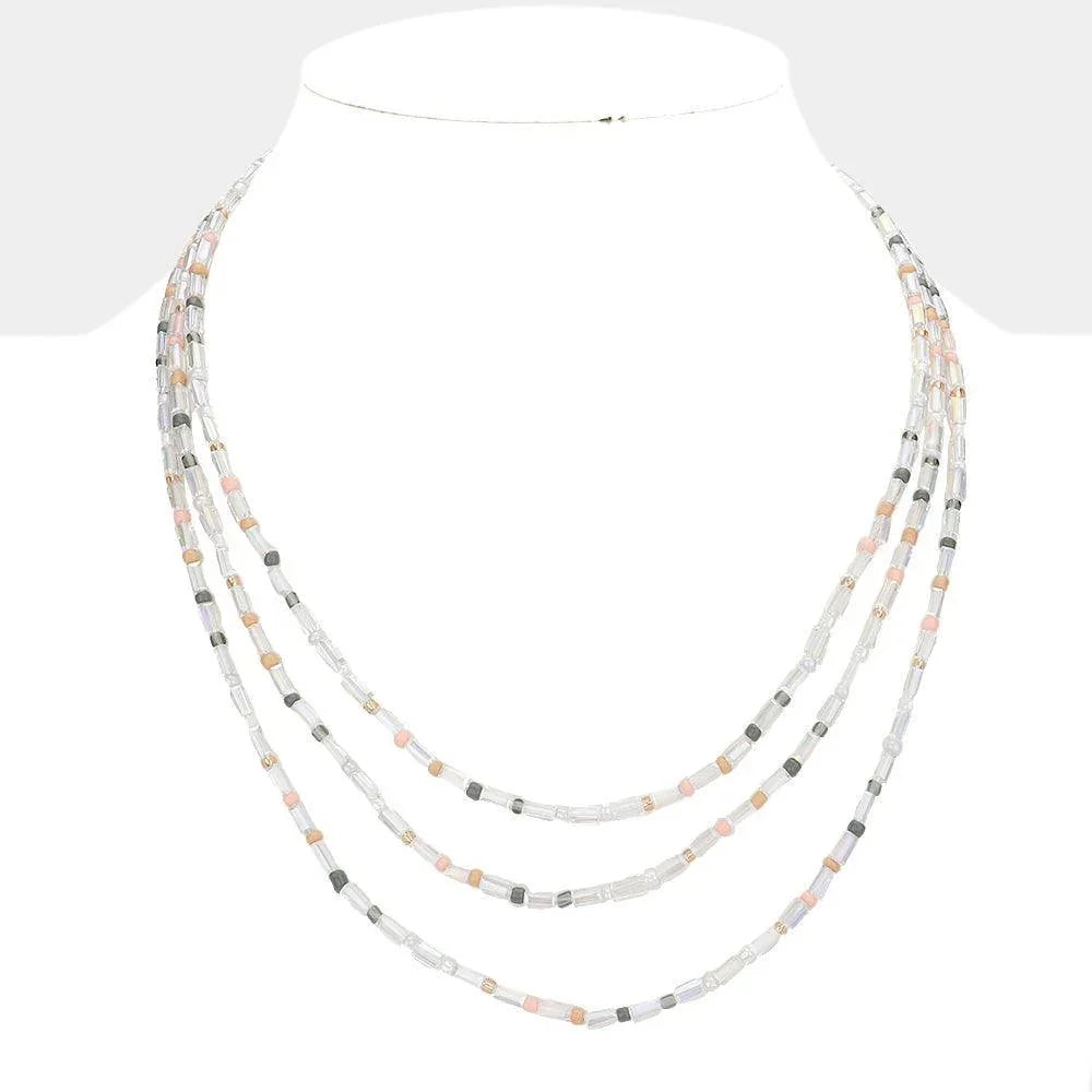 Rectangle Lucite Colorful Seed Beaded Triple Layered Bib Necklace - Jewelry Store by Erik Rayo