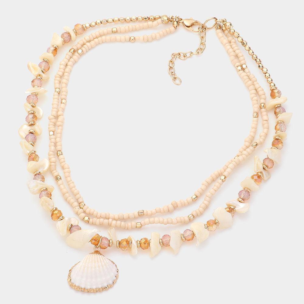 Ivory Mother Of Pearl Sea Shell Pendant Triple Layered Beaded Necklace - Jewelry Store by Erik Rayo