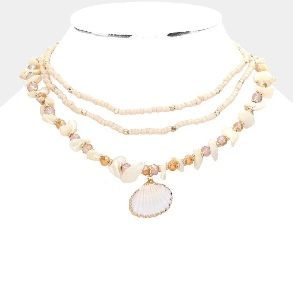 Ivory Mother Of Pearl Sea Shell Pendant Triple Layered Beaded Necklace - Jewelry Store by Erik Rayo