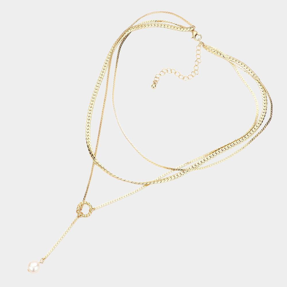 Gold Pearl Tip Drop Down Metal Triple Layered Necklace - Jewelry Store by Erik Rayo