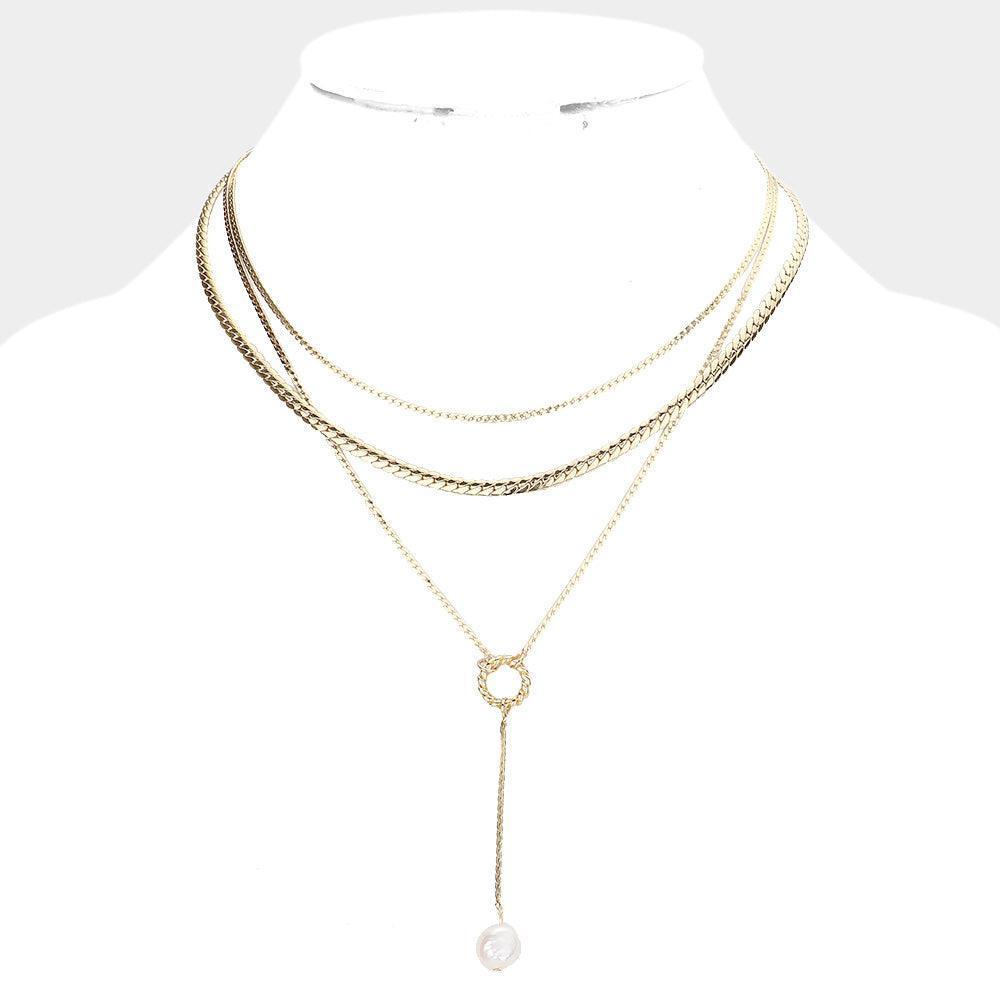 Gold Pearl Tip Drop Down Metal Triple Layered Necklace - Jewelry Store by Erik Rayo