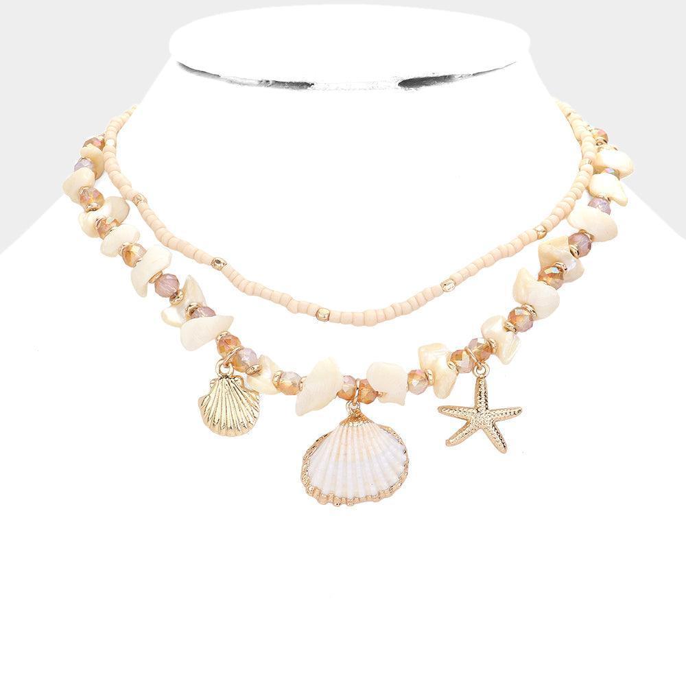Ivory Mother Of Pearl Sea Shell Starfish Charm Double Layered Beaded Necklace - Jewelry Store by Erik Rayo