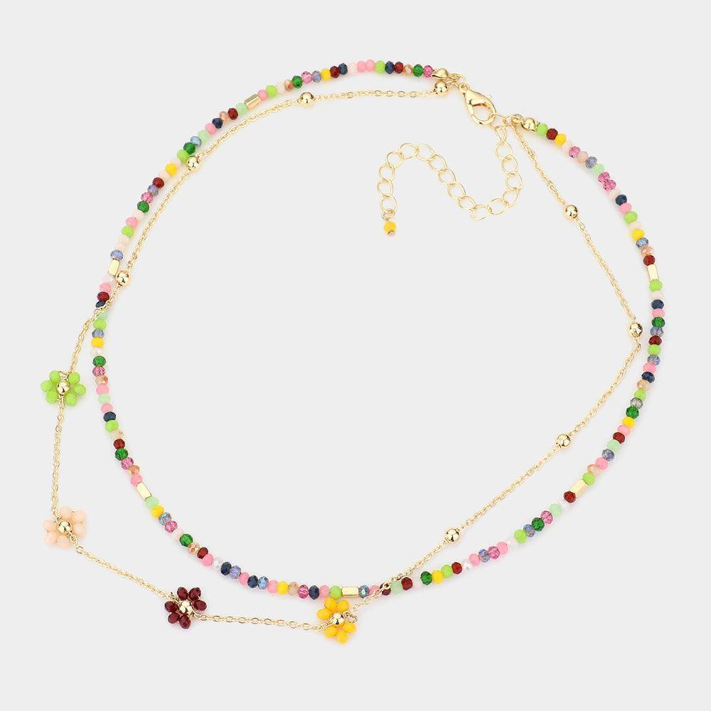 Faceted Beaded Flower Accented Double Layered Necklace - Jewelry Store by Erik Rayo