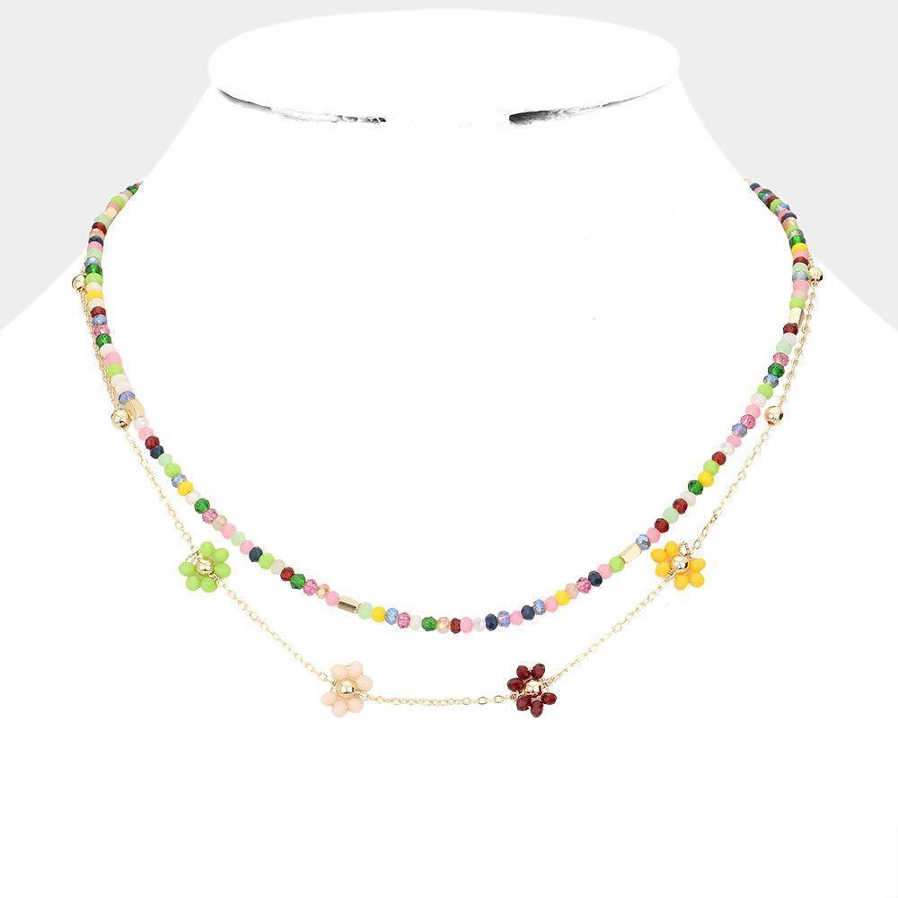 Faceted Beaded Flower Accented Double Layered Necklace - Jewelry Store by Erik Rayo