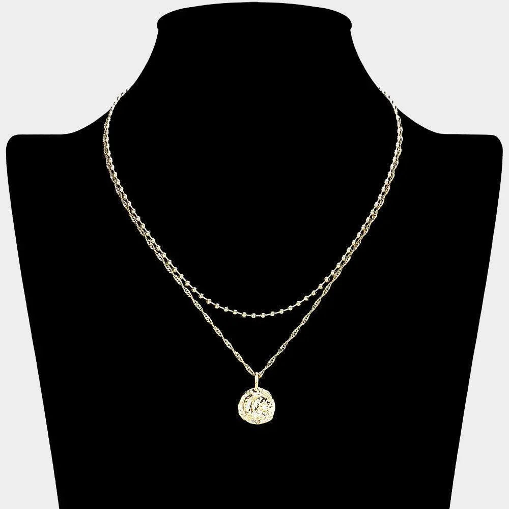 Gold Crescent Stone Pointed Hammered Coin Pendant Double Layered Necklace - Jewelry Store by Erik Rayo