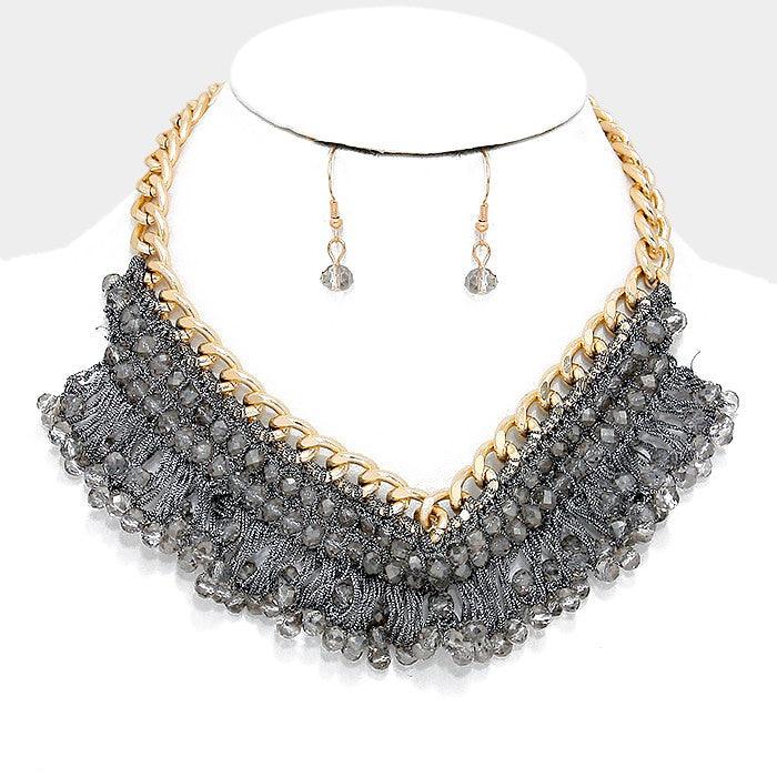 Gray Metallic bead woven necklace