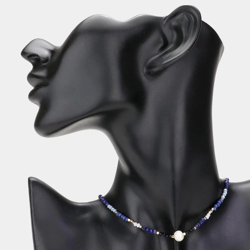 Blue Pearl Accented Faceted Beaded Choker Necklace - Jewelry Store by Erik Rayo