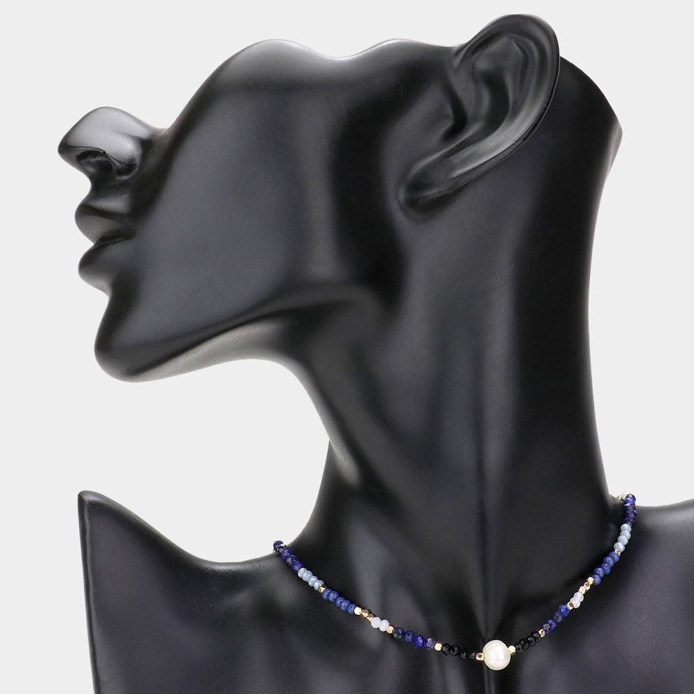 Blue Pearl Accented Faceted Beaded Choker Necklace