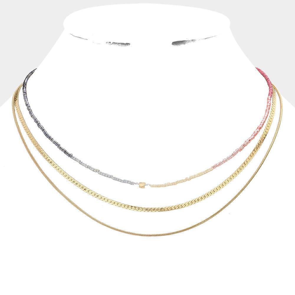 Metal Chain Beaded Triple Layered Bib Necklace - Jewelry Store by Erik Rayo