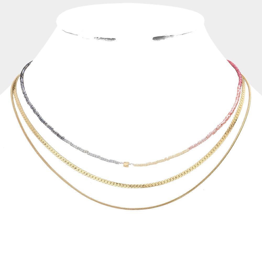 Metal Chain Beaded Triple Layered Bib Necklace