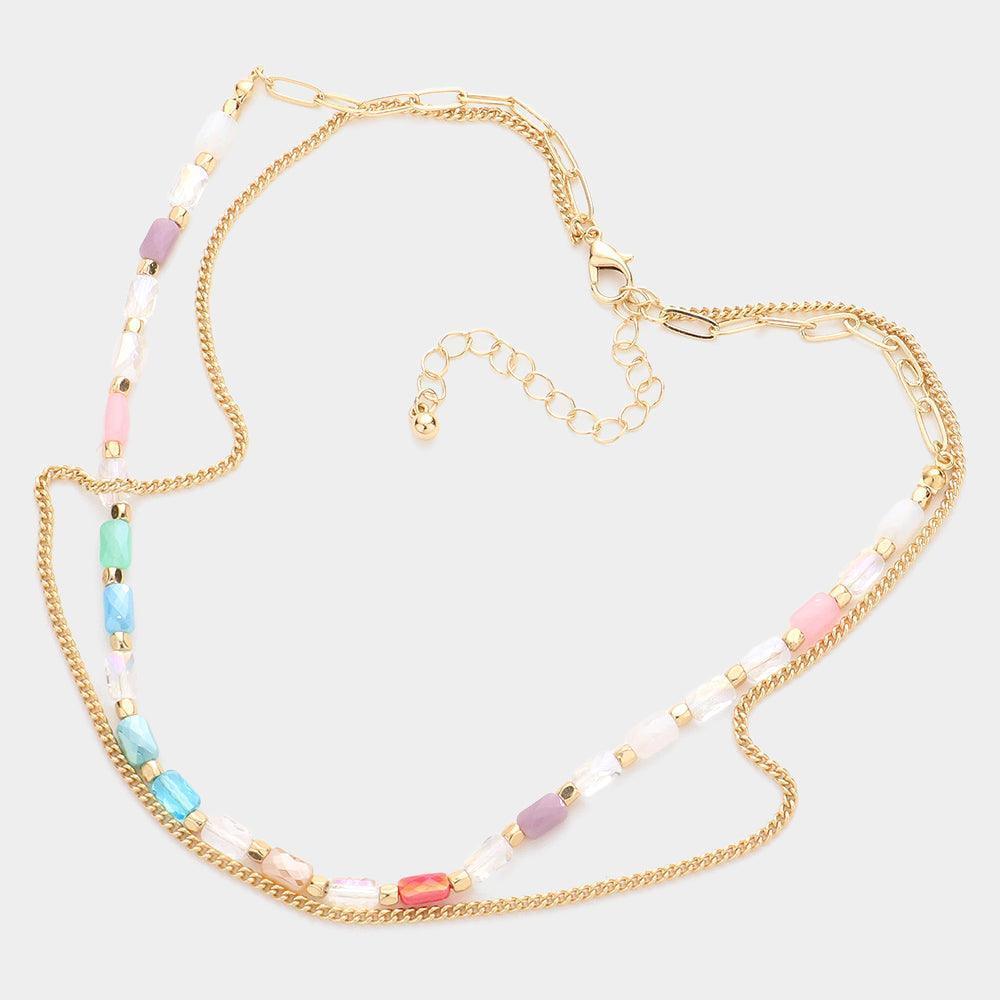 Metal Chain Colorful Rectangle Beaded Double Layered Necklace - Jewelry Store by Erik Rayo