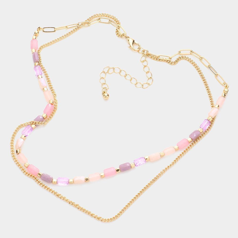 Pink Metal Chain Colorful Rectangle Beaded Double Layered Necklace - Jewelry Store by Erik Rayo