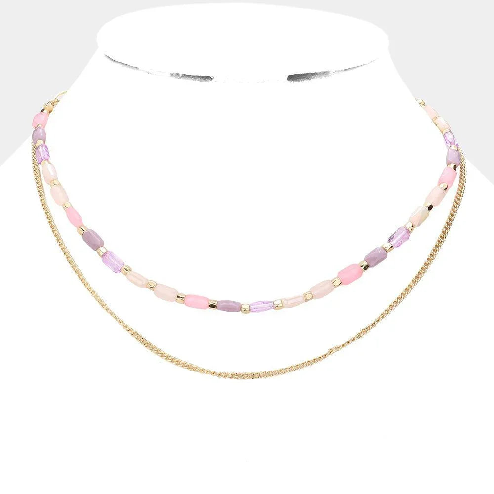 Pink Metal Chain Colorful Rectangle Beaded Double Layered Necklace - Jewelry Store by Erik Rayo