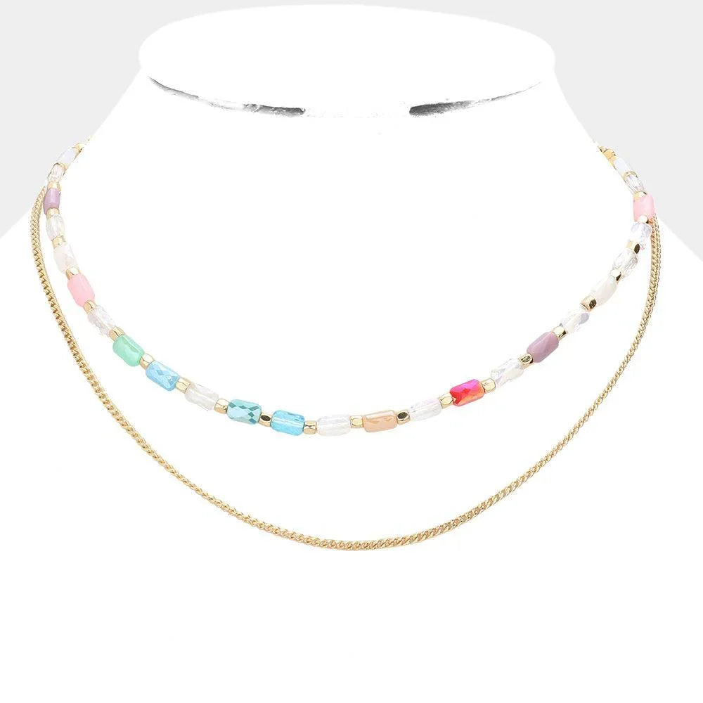 Metal Chain Colorful Rectangle Beaded Double Layered Necklace - Jewelry Store by Erik Rayo