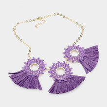 Load image into Gallery viewer, Purple Oval Stone Cluster Hoop Raffia Fringe Statement Bib Necklace
