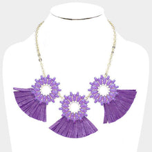 Load image into Gallery viewer, Purple Oval Stone Cluster Hoop Raffia Fringe Statement Bib Necklace
