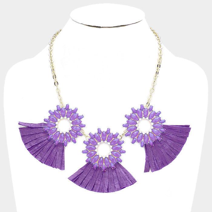 Purple Oval Stone Cluster Hoop Raffia Fringe Statement Bib Necklace