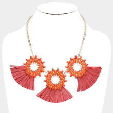 Load image into Gallery viewer, Red Oval Stone Cluster Hoop Raffia Fringe Statement Bib Necklace
