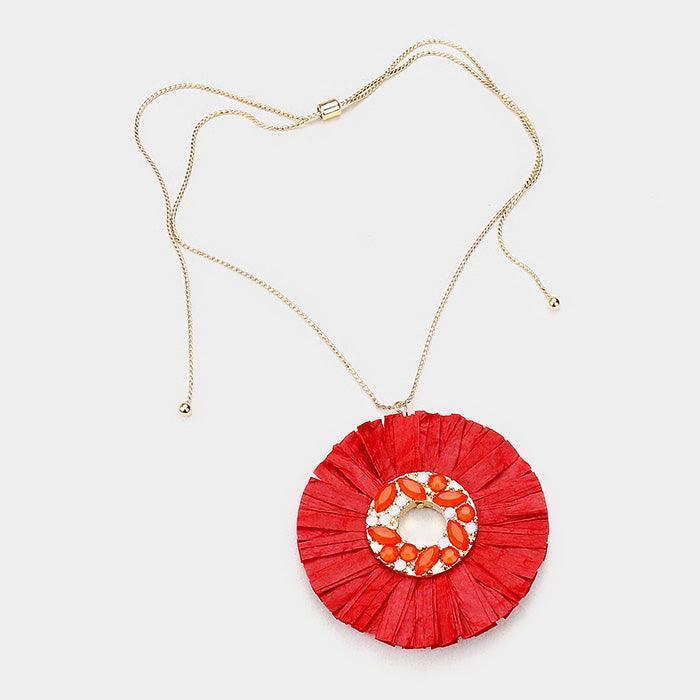 Red Stone Embellished Raffia Fringe Circle Pendant Necklace - Jewelry Store by Erik Rayo