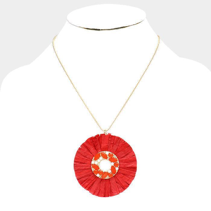 Red Stone Embellished Raffia Fringe Circle Pendant Necklace - Jewelry Store by Erik Rayo