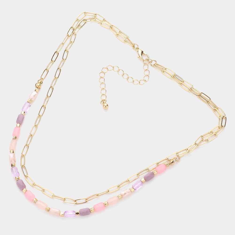 Pink Faceted Rectangle Beaded Double Layered Necklace - Jewelry Store by Erik Rayo