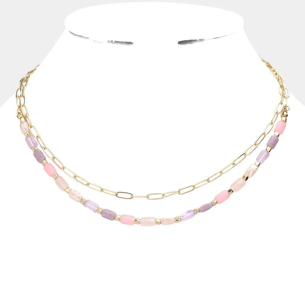 Pink Faceted Rectangle Beaded Double Layered Necklace - Jewelry Store by Erik Rayo
