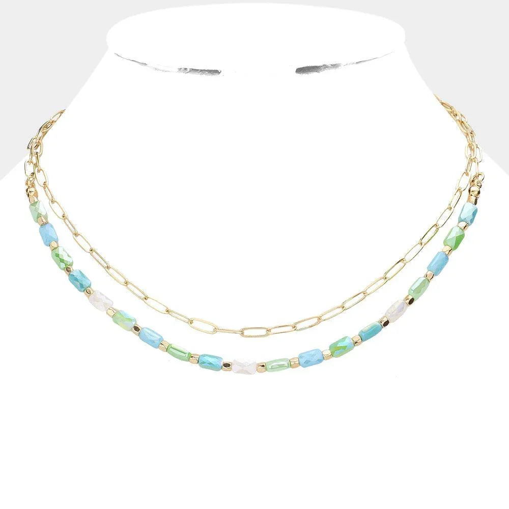 Blue Faceted Rectangle Beaded Double Layered Necklace - Jewelry Store by Erik Rayo