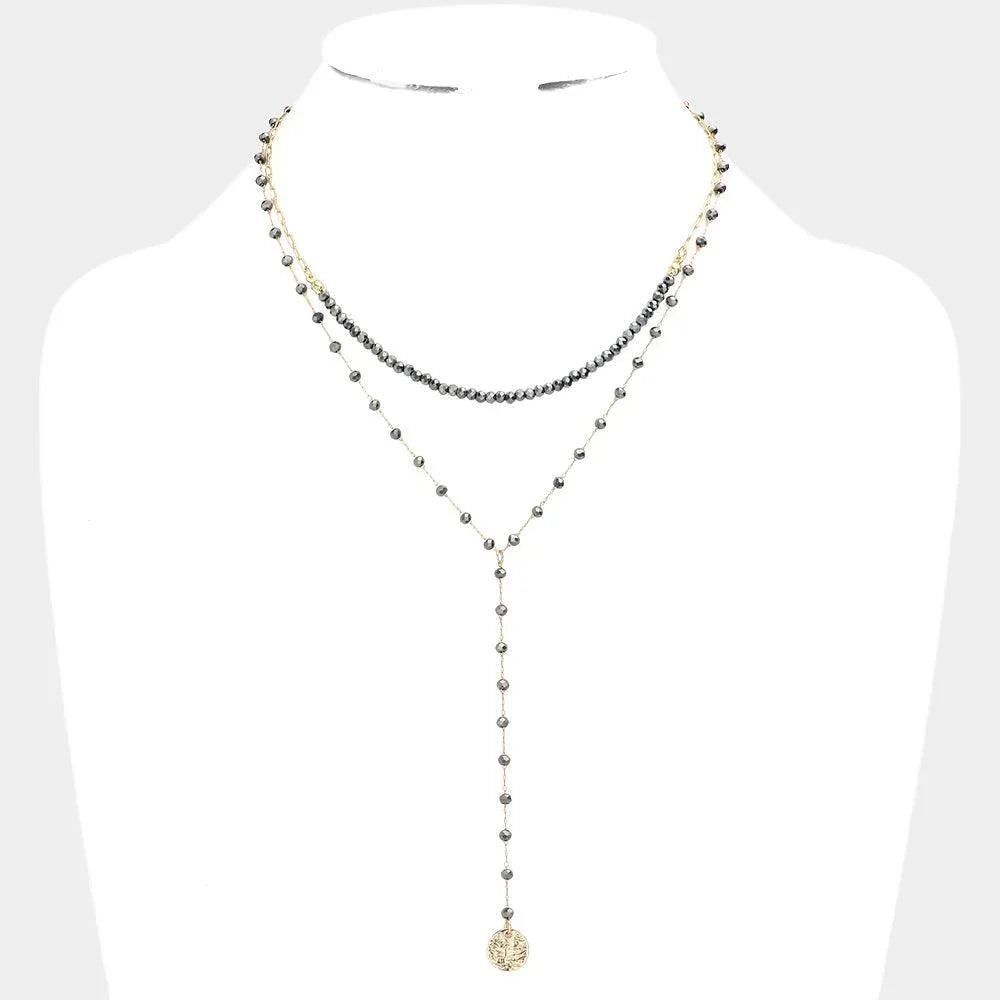 Black Metal Disc Pendant Beaded Double Layered Y Necklace - Jewelry Store by Erik Rayo