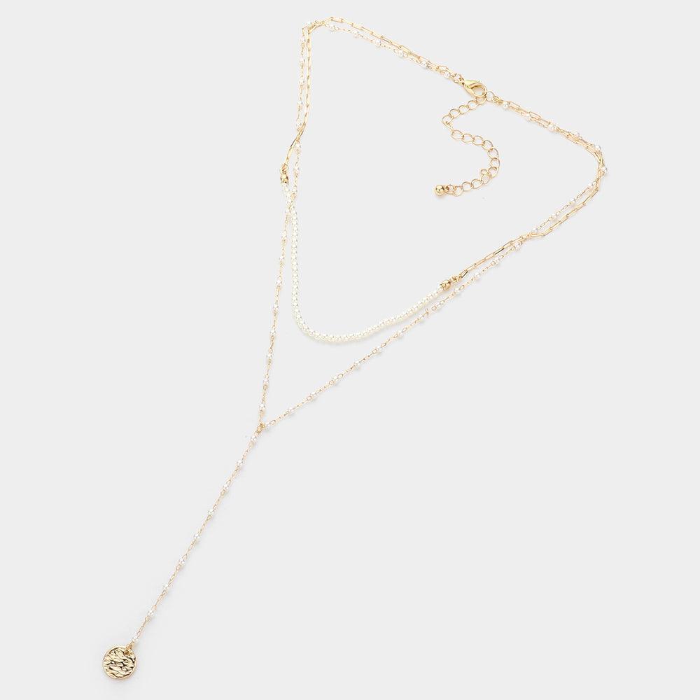 Cream Metal Disc Pendant Pearl Double Layered Y Necklace - Jewelry Store by Erik Rayo