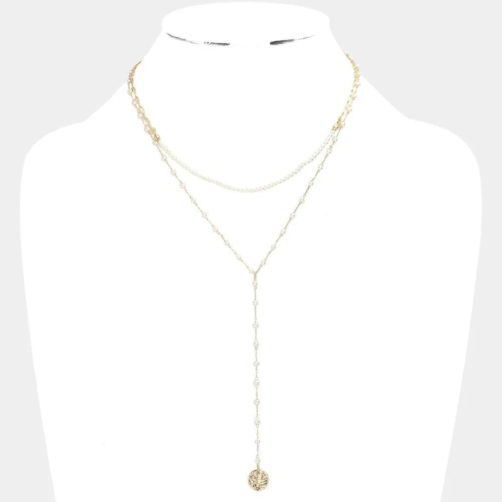 Cream Metal Disc Pendant Pearl Double Layered Y Necklace - Jewelry Store by Erik Rayo