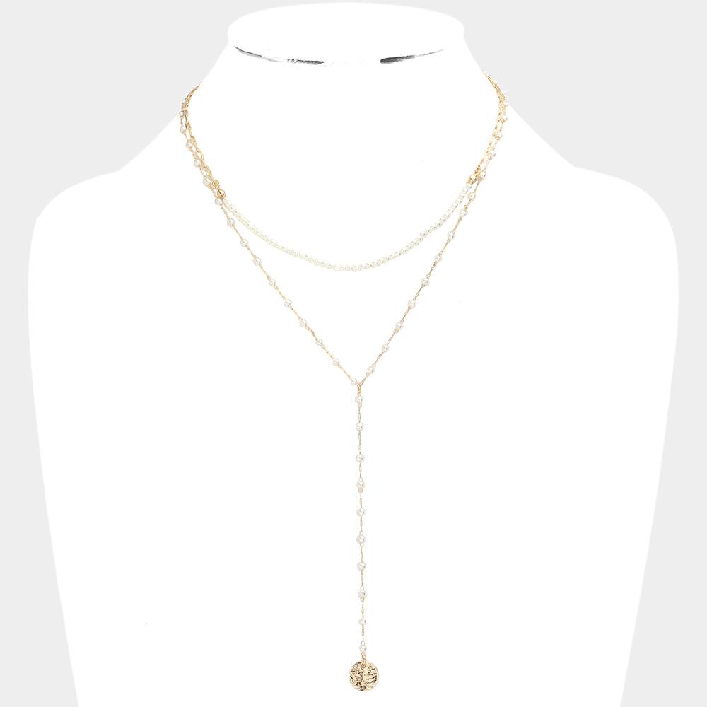 Cream Metal Disc Pendant Pearl Double Layered Y Necklace