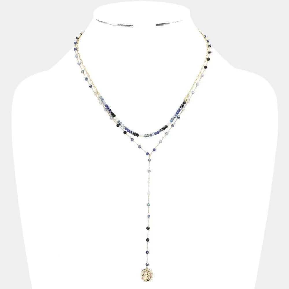 Blue Metal Disc Pendant Beaded Double Layered Y Necklace - Jewelry Store by Erik Rayo