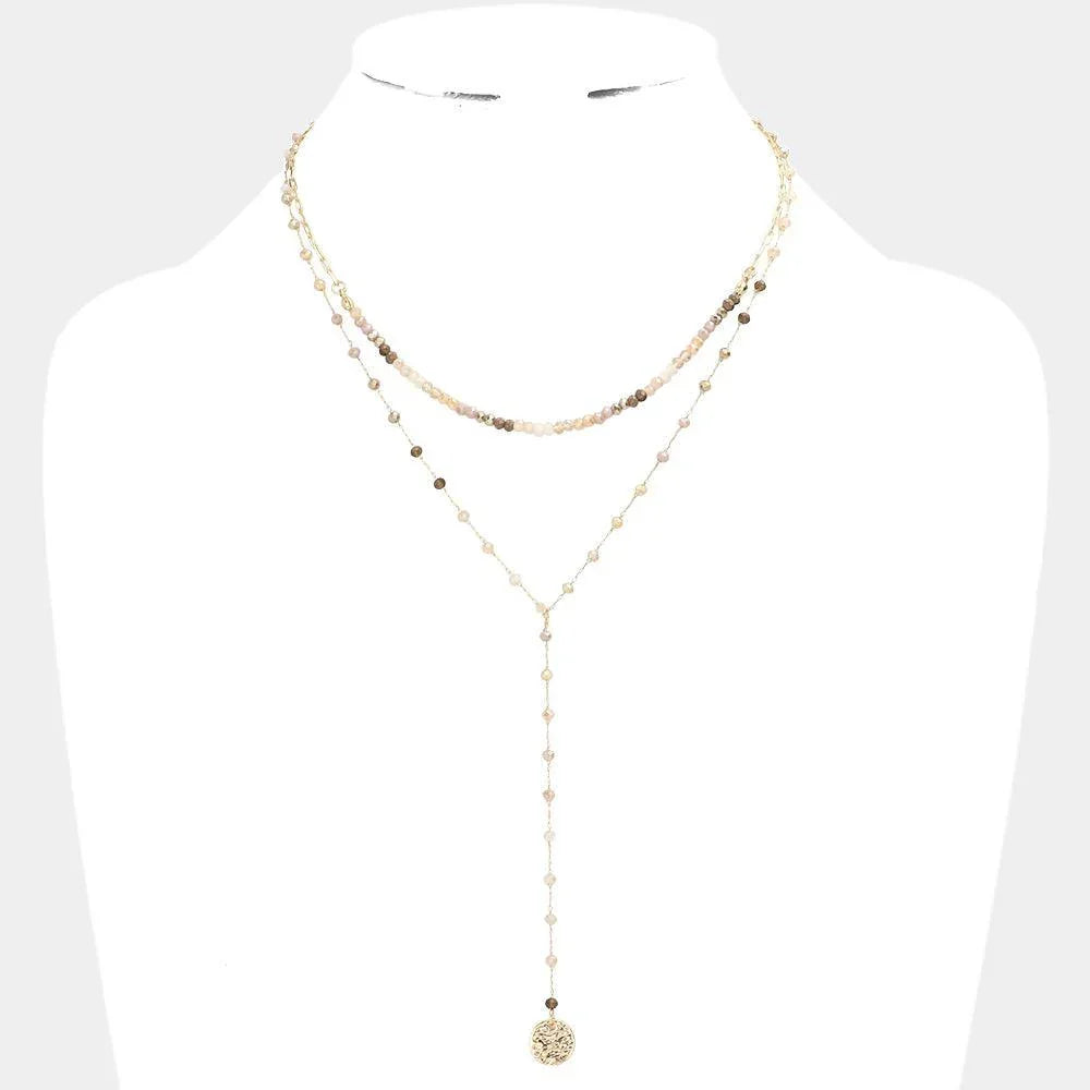 Brown Metal Disc Pendant Beaded Double Layered Y Necklace - Jewelry Store by Erik Rayo