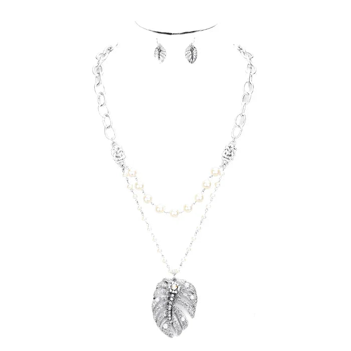 Silver Double Strand Pearl Tropical Leaf Pendant Necklace - Jewelry Store by Erik Rayo