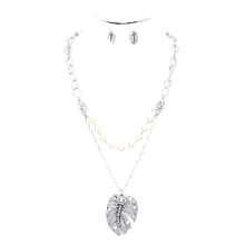 Load image into Gallery viewer, Silver Double Strand Pearl Tropical Leaf Pendant Necklace
