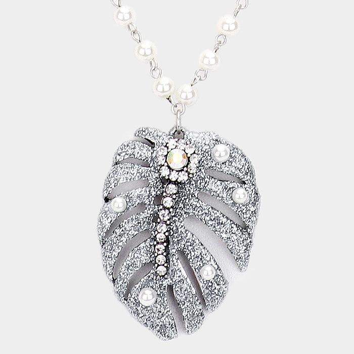 Silver Double Strand Pearl Tropical Leaf Pendant Necklace - Jewelry Store by Erik Rayo